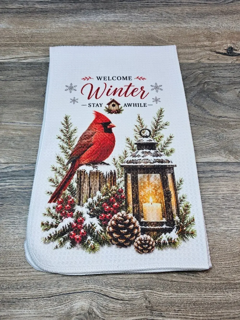 Welcome Winter Cardinal Kitchen Towel Rustic Farmhouse Bird & Lantern Decor